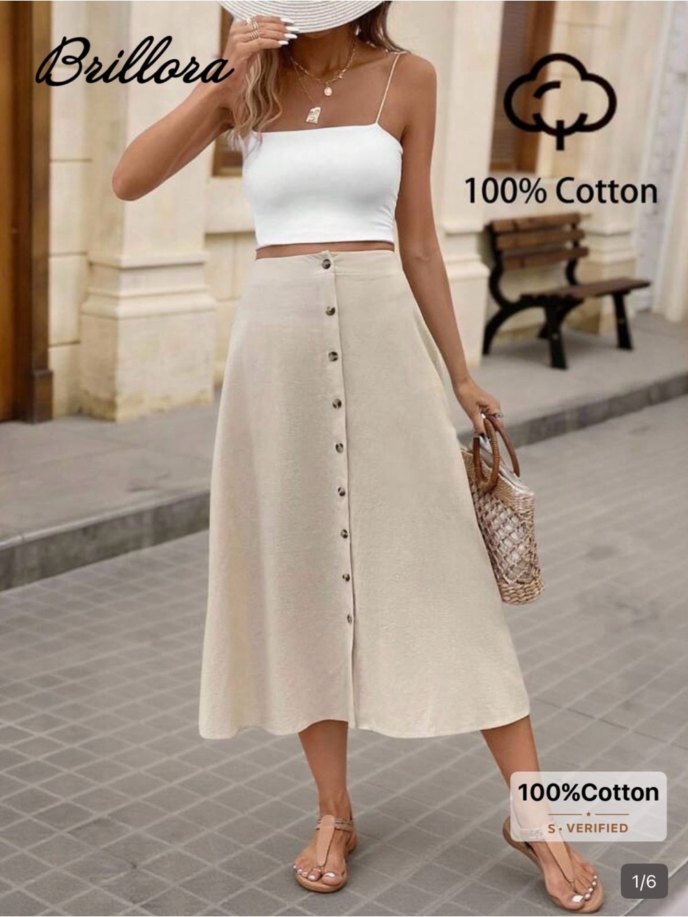 SHEIN Cream Button-Front Cotton Midi Skirt
